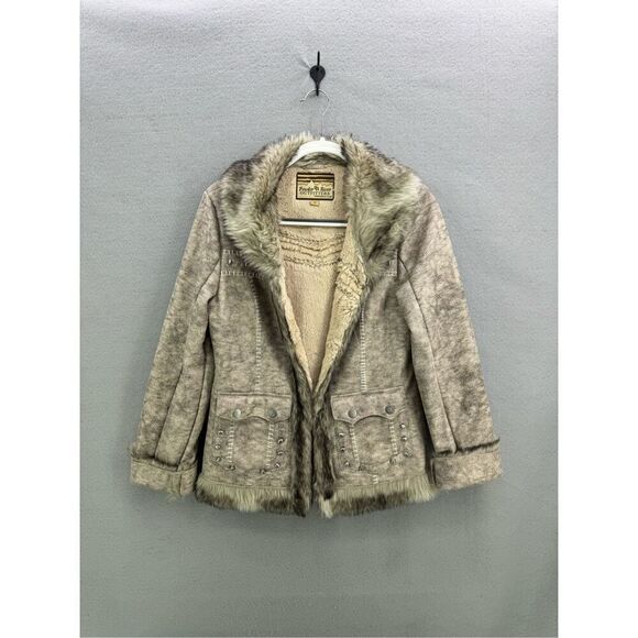 Powder River Outfitters Womens Tan Brown Faux Leather Fur Embellished Jacket Siz - Picture 1 of 8